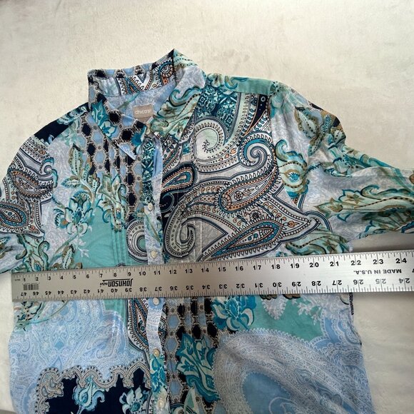 Chico's Womens Button-Down Paisley Tunic Shirt Size 2 US 12/14 Blue 100% Cotton - Picture 6 of 7